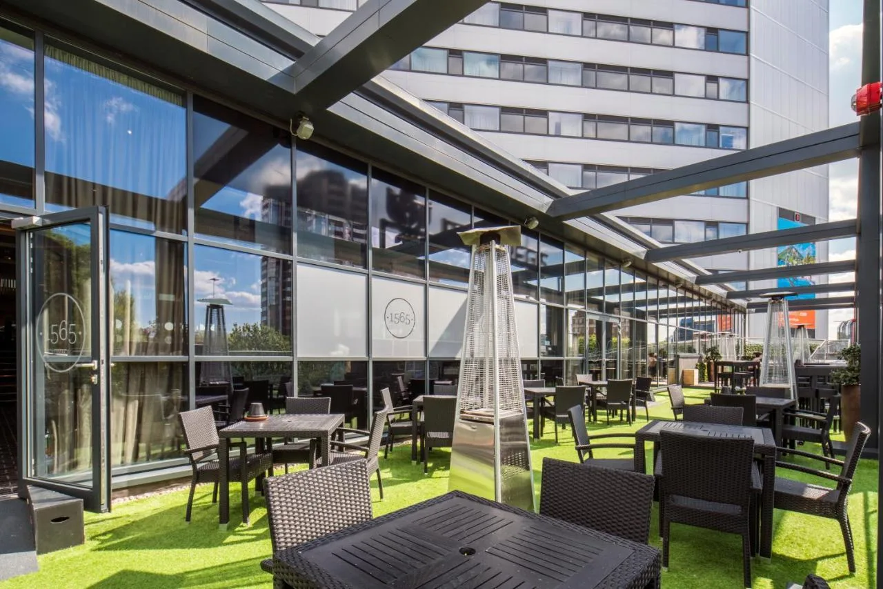 Outdoor terrace with tables overlooking Birmingham city centre