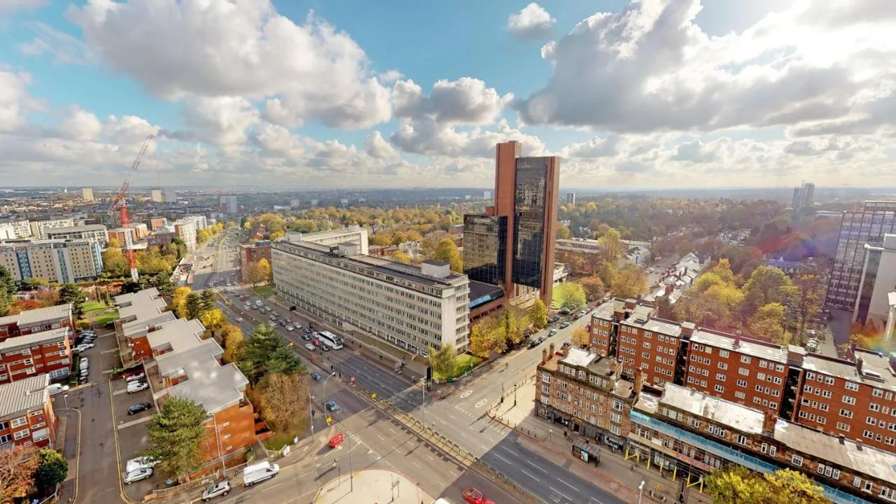 Aerial view of Birmingham skyline near Brindleyplace