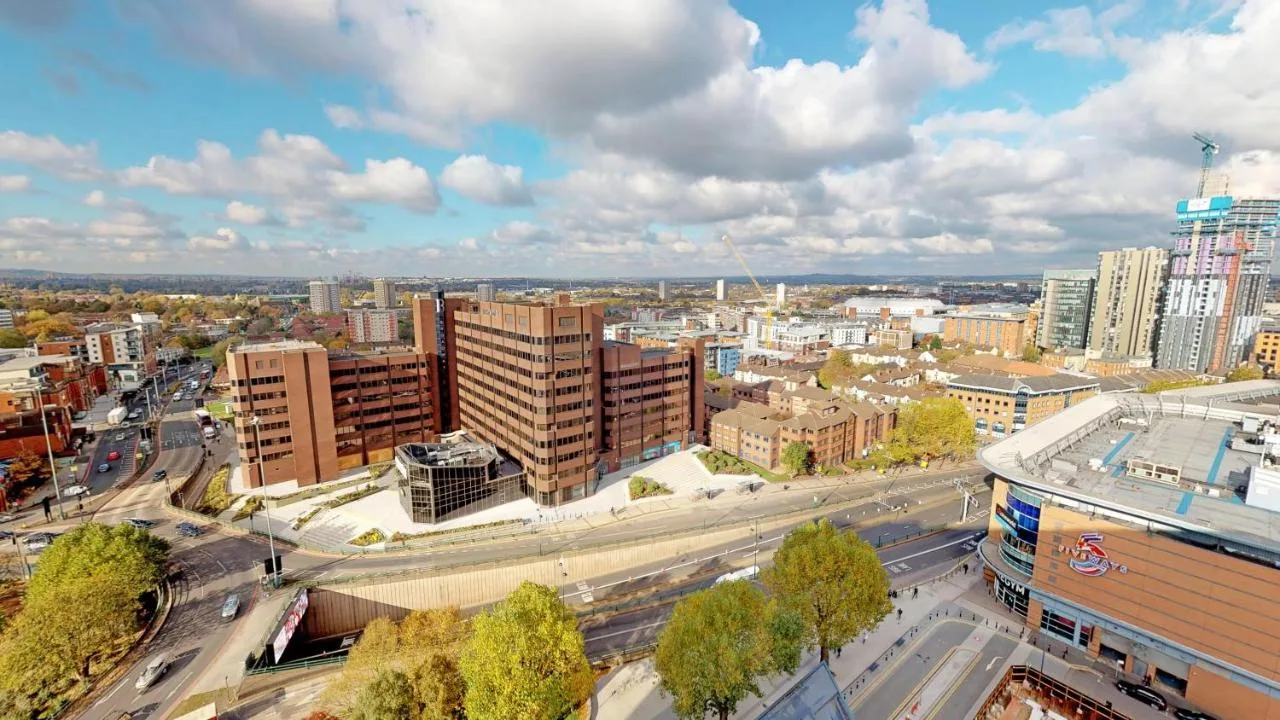 Aerial view of tall buildings in central Birmingham
