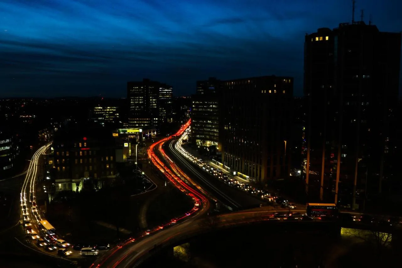 Broad Street lit up at night in Birmingham